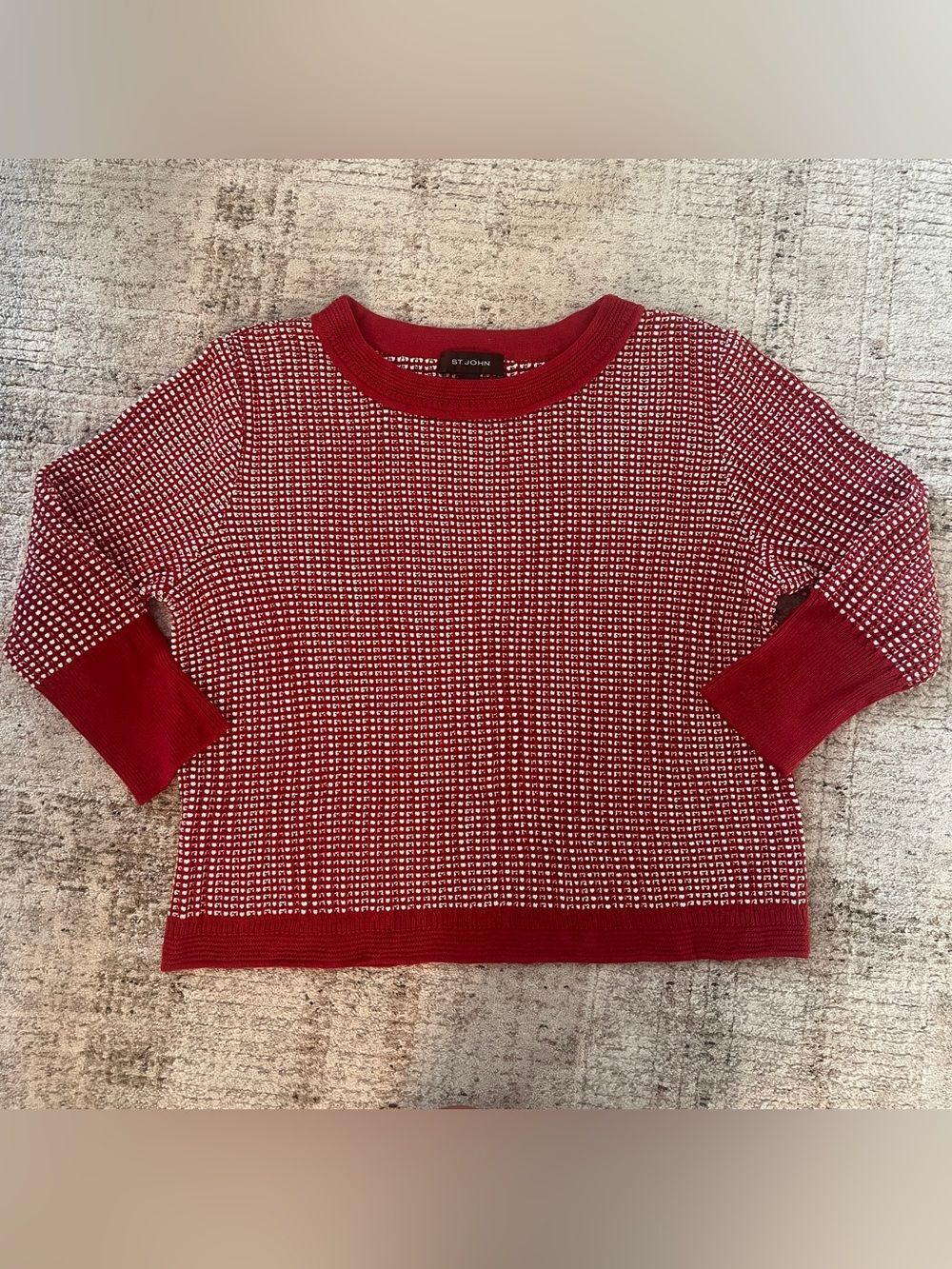 St. John Red White Knit Crewneck Sweater Women’s XL Wool Blend